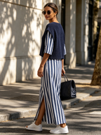 Navy Knit Vest & Vertical Stripe Midi Dress Two-Piece Set