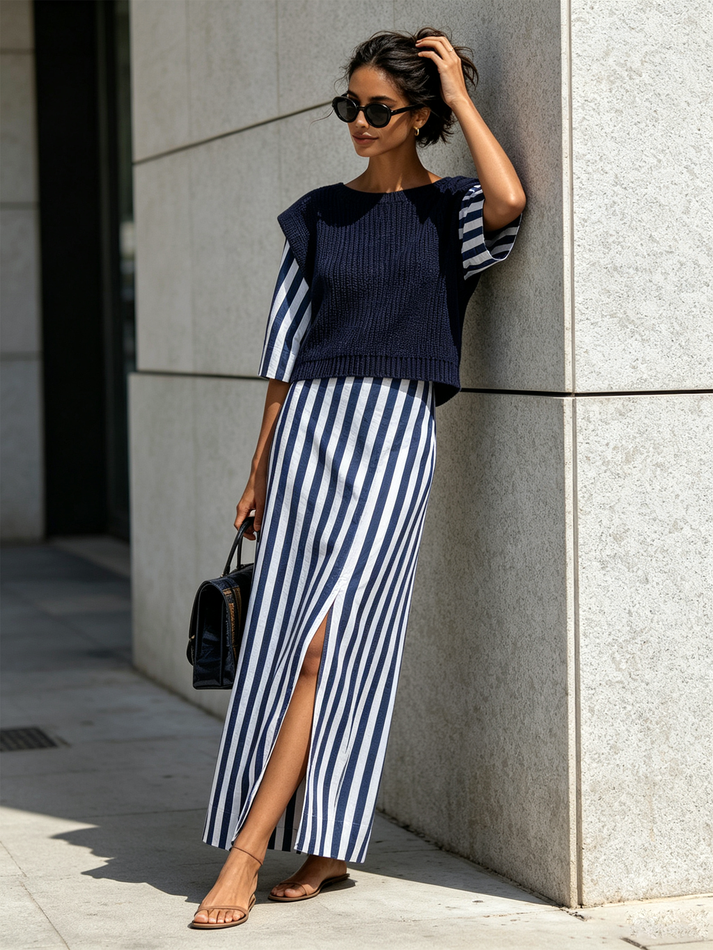 Navy Knit Vest & Vertical Stripe Midi Dress Two-Piece Set