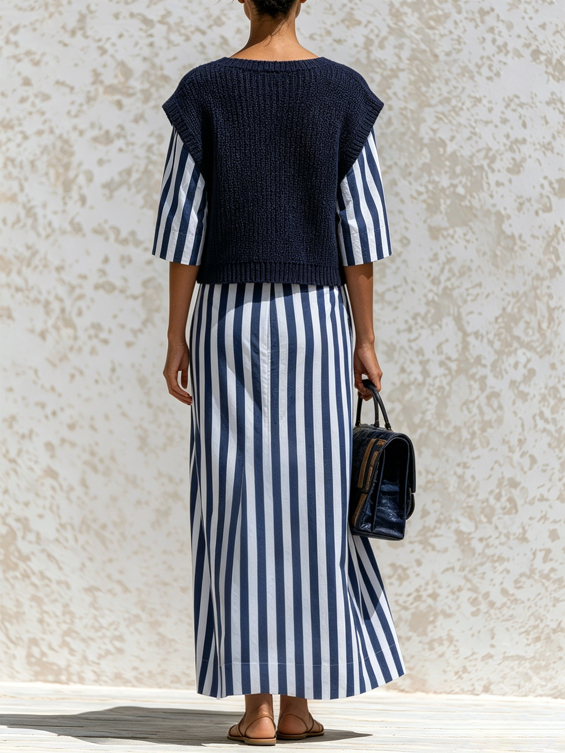 Navy Knit Vest & Vertical Stripe Midi Dress Two-Piece Set
