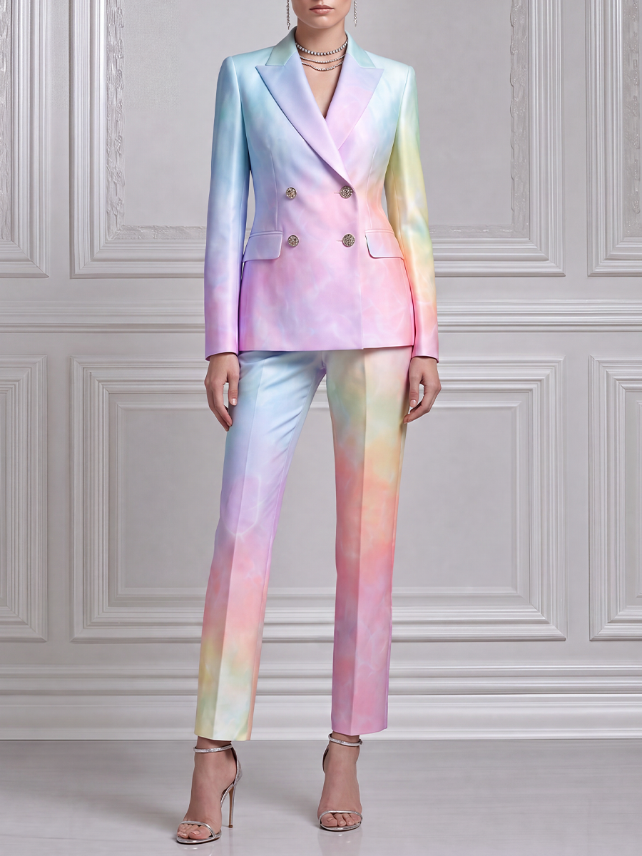 Pastel Watercolor Double Breasted Blazer & Flare Pants Set