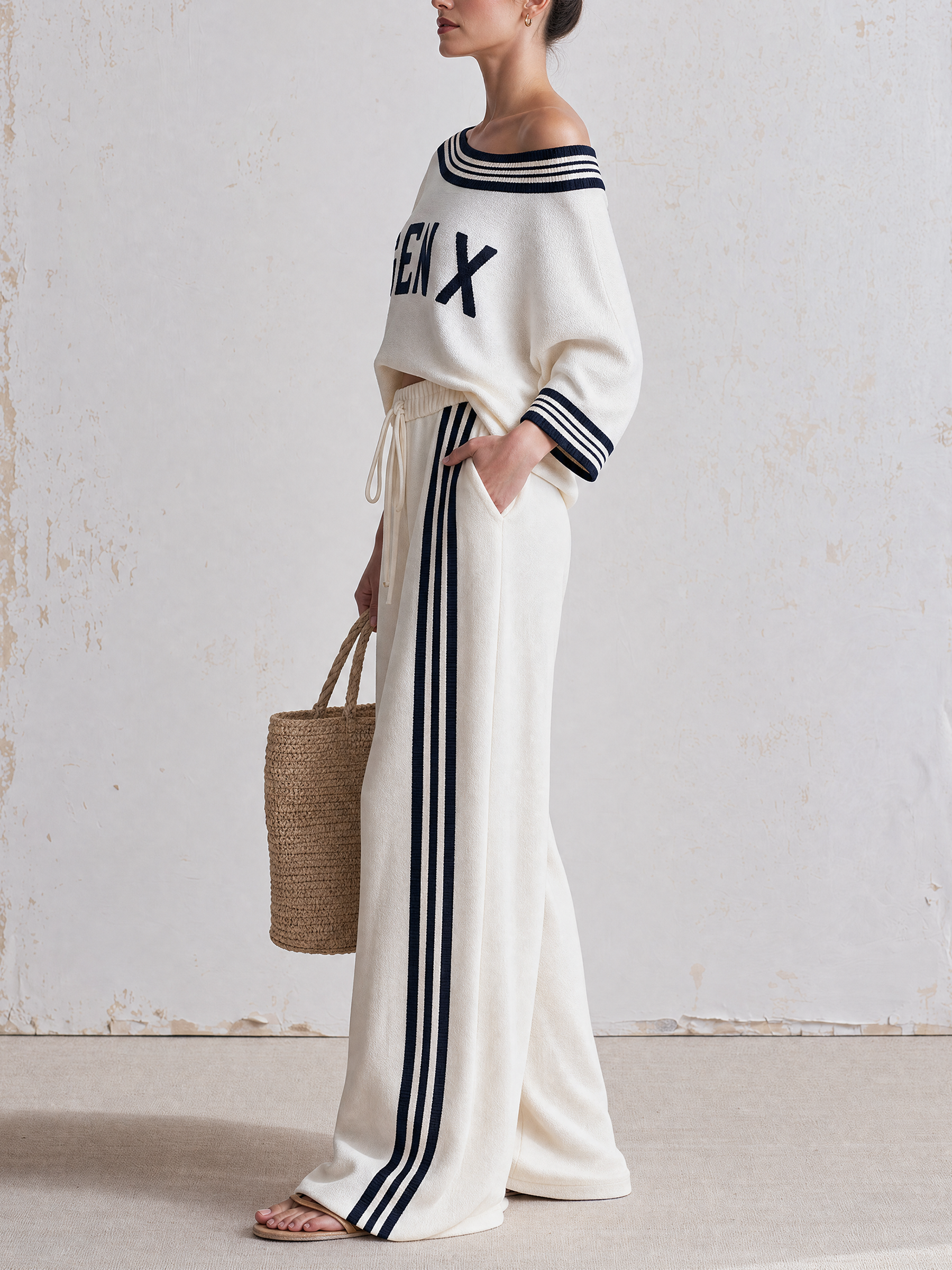 Off Shoulder Striped Collar GEN X Matching Sweatshirt & Side Stripe Wide Leg Pants Two Piece Set