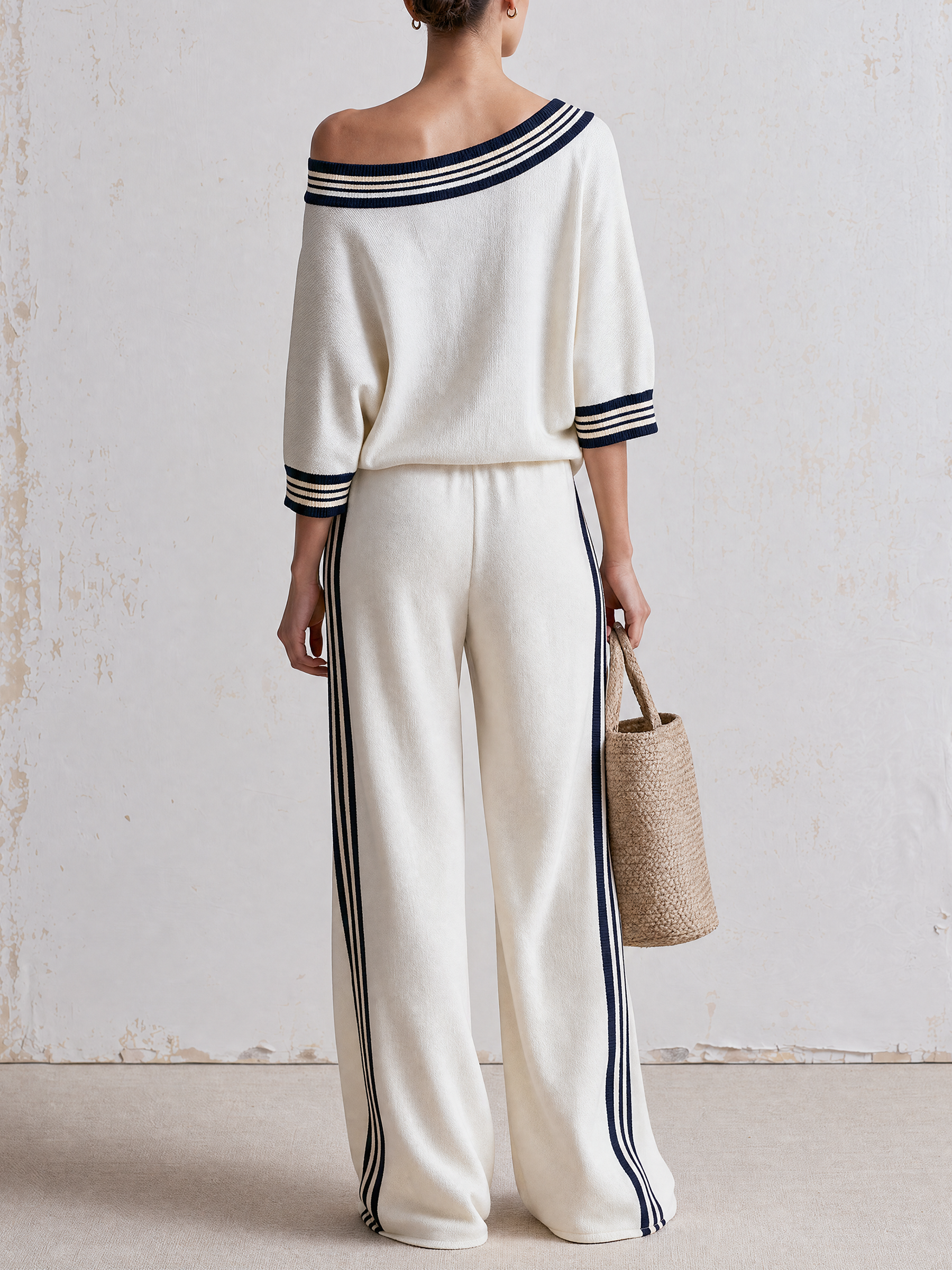 Off Shoulder Striped Collar GEN X Matching Sweatshirt & Side Stripe Wide Leg Pants Two Piece Set