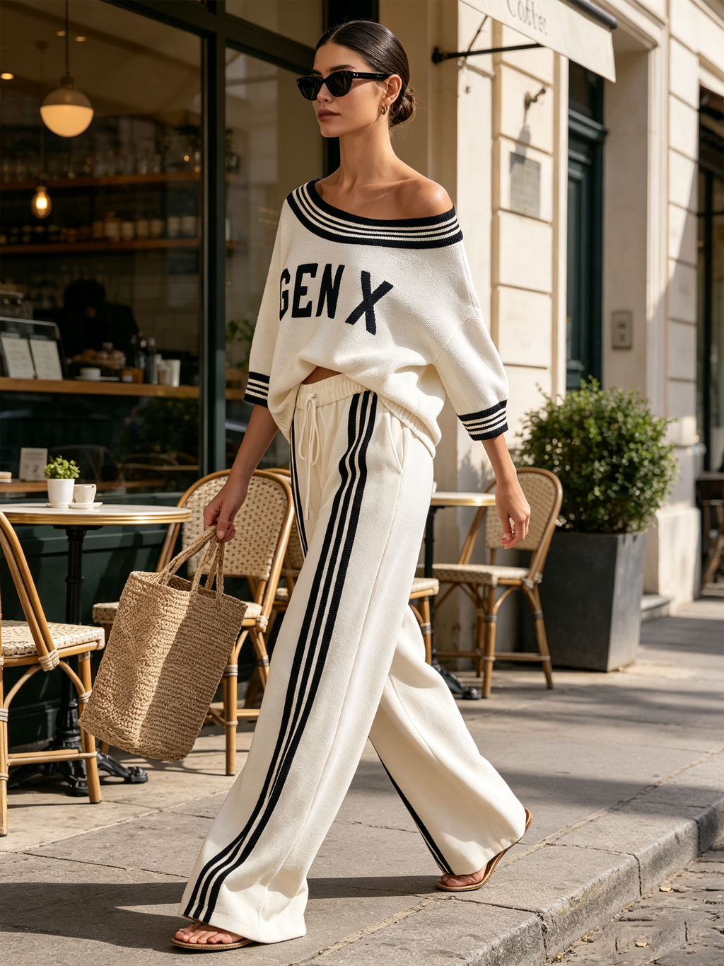 Off Shoulder Striped Collar GEN X Matching Sweatshirt & Side Stripe Wide Leg Pants Two Piece Set