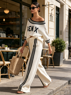 Off Shoulder Striped Collar GEN X Matching Sweatshirt & Side Stripe Wide Leg Pants Two Piece Set