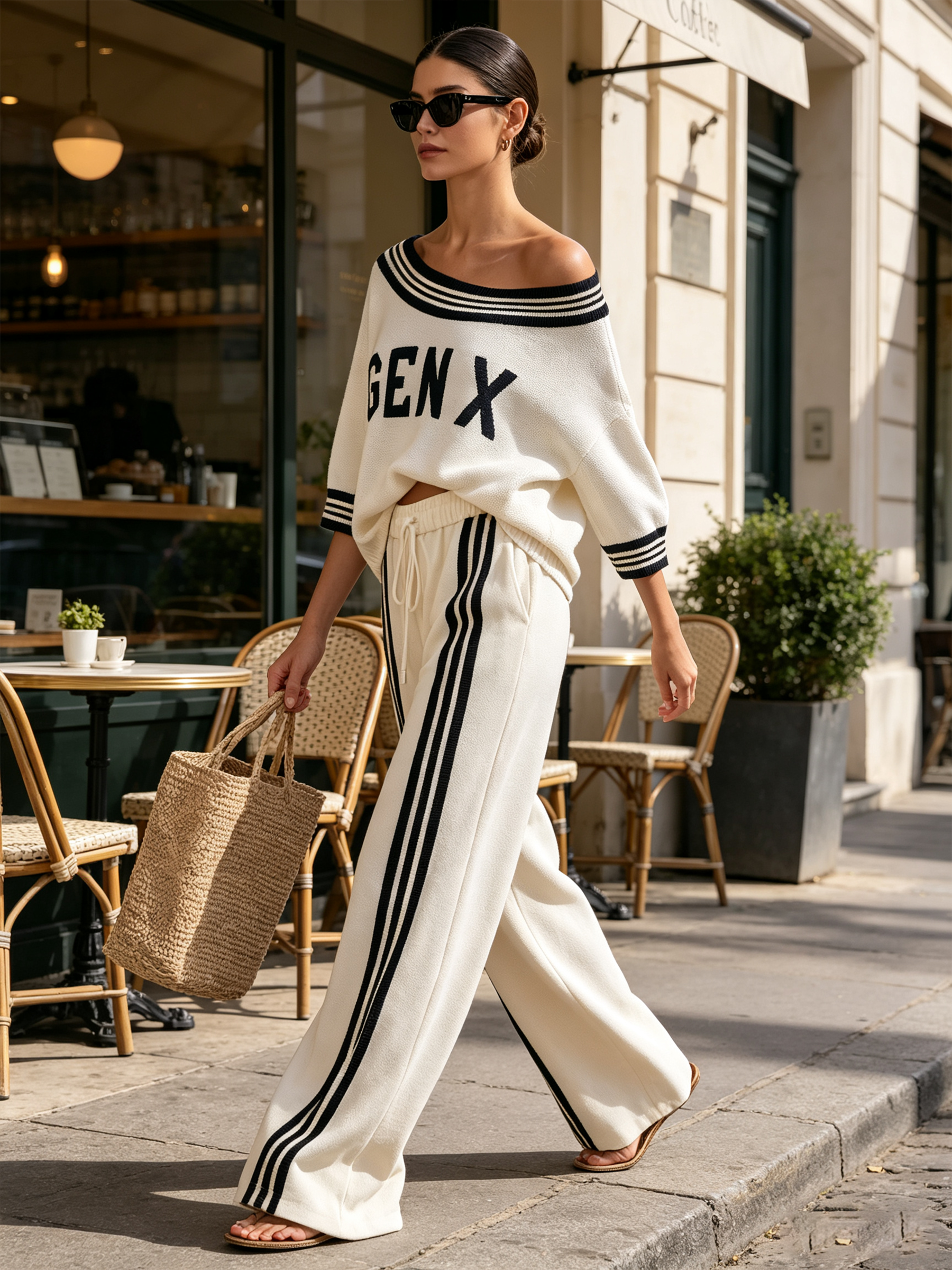 Off Shoulder Striped Collar GEN X Matching Sweatshirt & Side Stripe Wide Leg Pants Two Piece Set