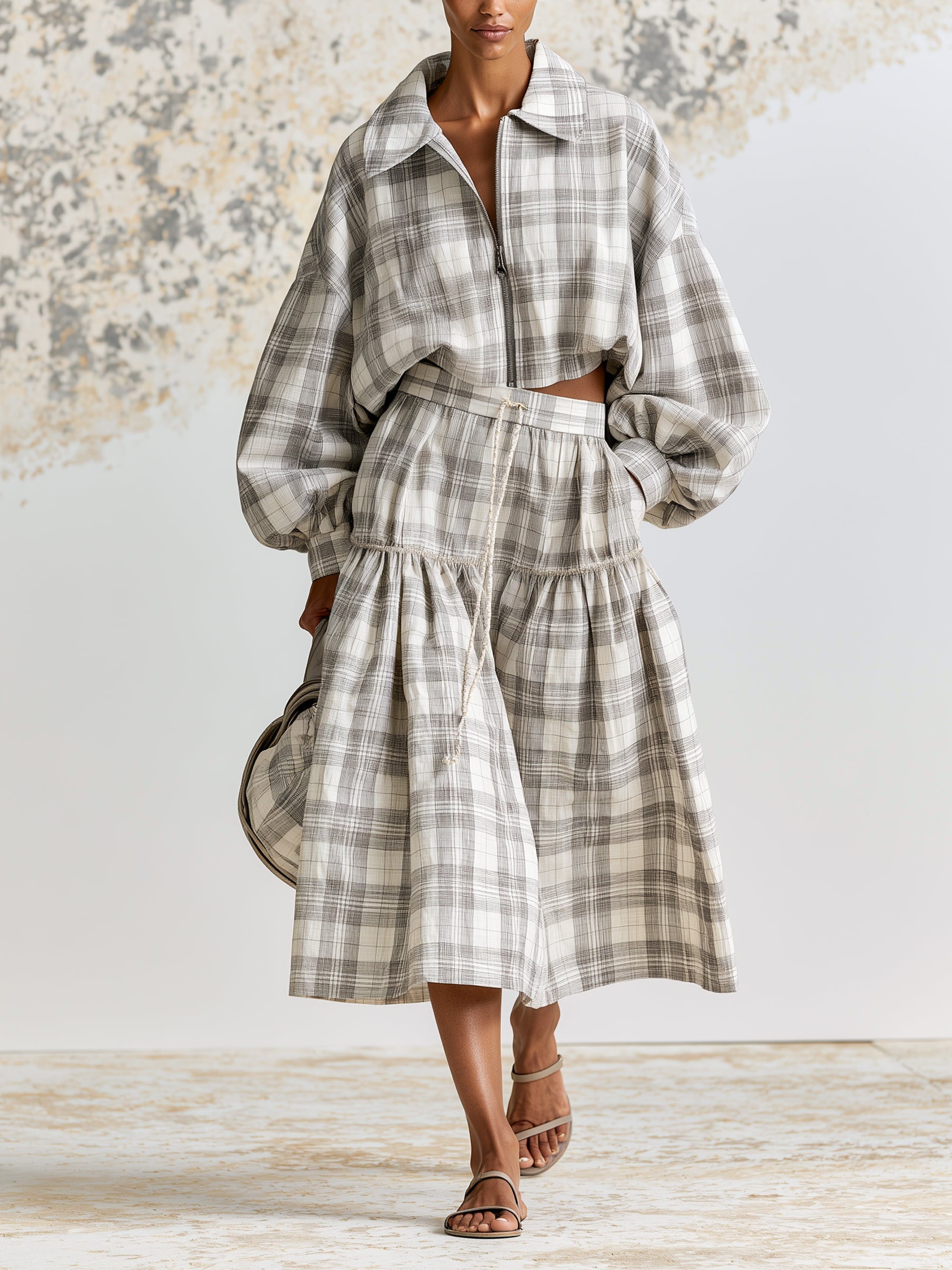 Plaid Cropped Jacket & Tiered Skirt Set