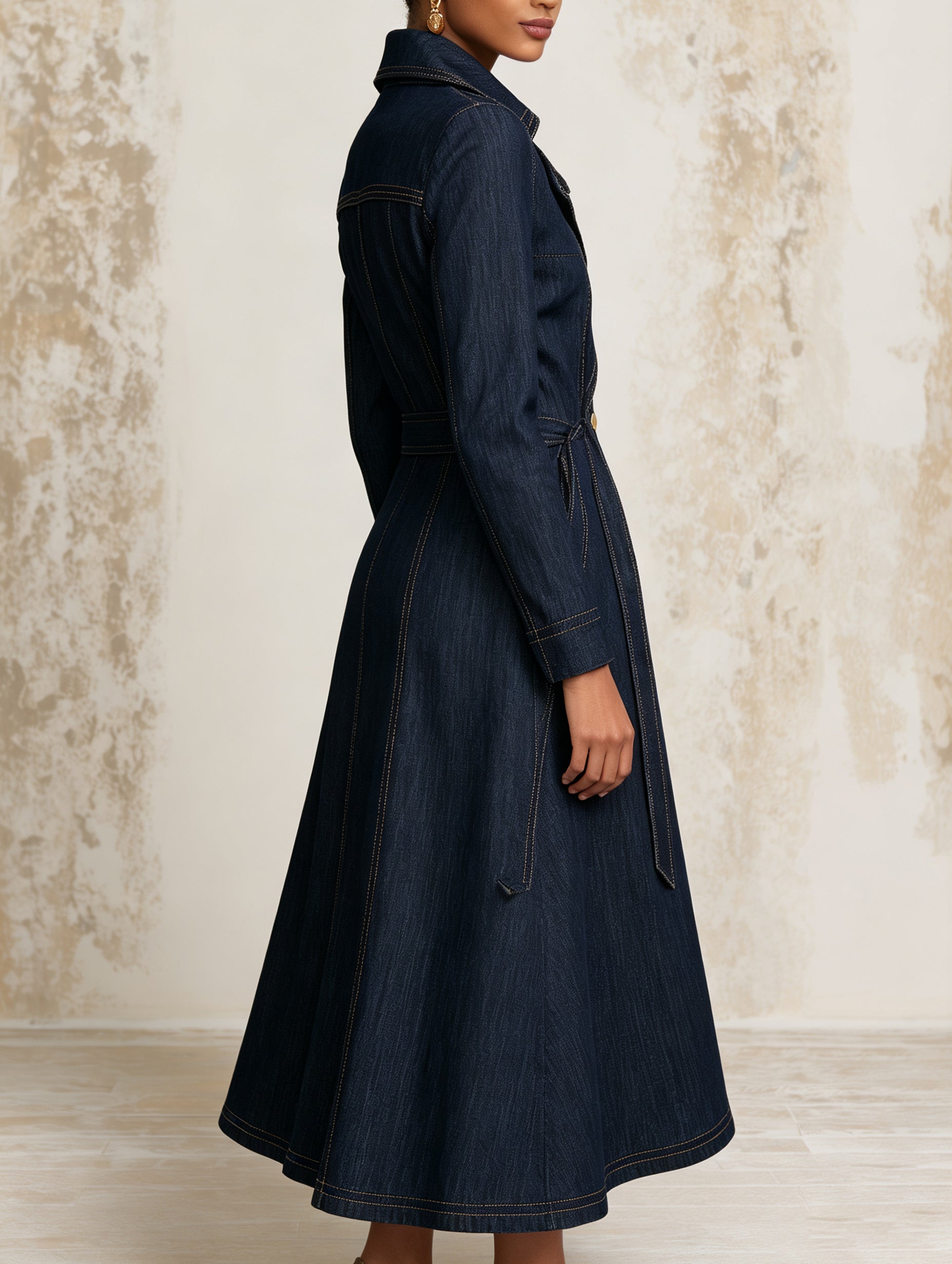 Elegant Navy Denim Trench Dress Coat