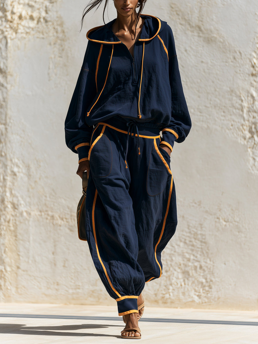 Women's Fall Winter Oversized Hoodie Jogger Set With Contrast Piping Details