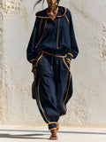 Women's Fall Winter Oversized Hoodie Jogger Set With Contrast Piping Details