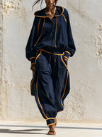 Women's Fall Winter Oversized Hoodie Jogger Set With Contrast Piping Details
