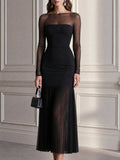Elegant Sheer Mesh Long Sleeve Pleated Hem Midi Dress