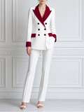 White Red Contrast Double Breasted Blazer & Flare Pants Set