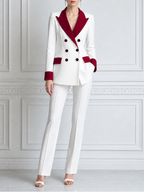 White Red Contrast Double Breasted Blazer & Flare Pants Set