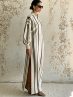 Striped Knit Maxi Dress With Stand Collar