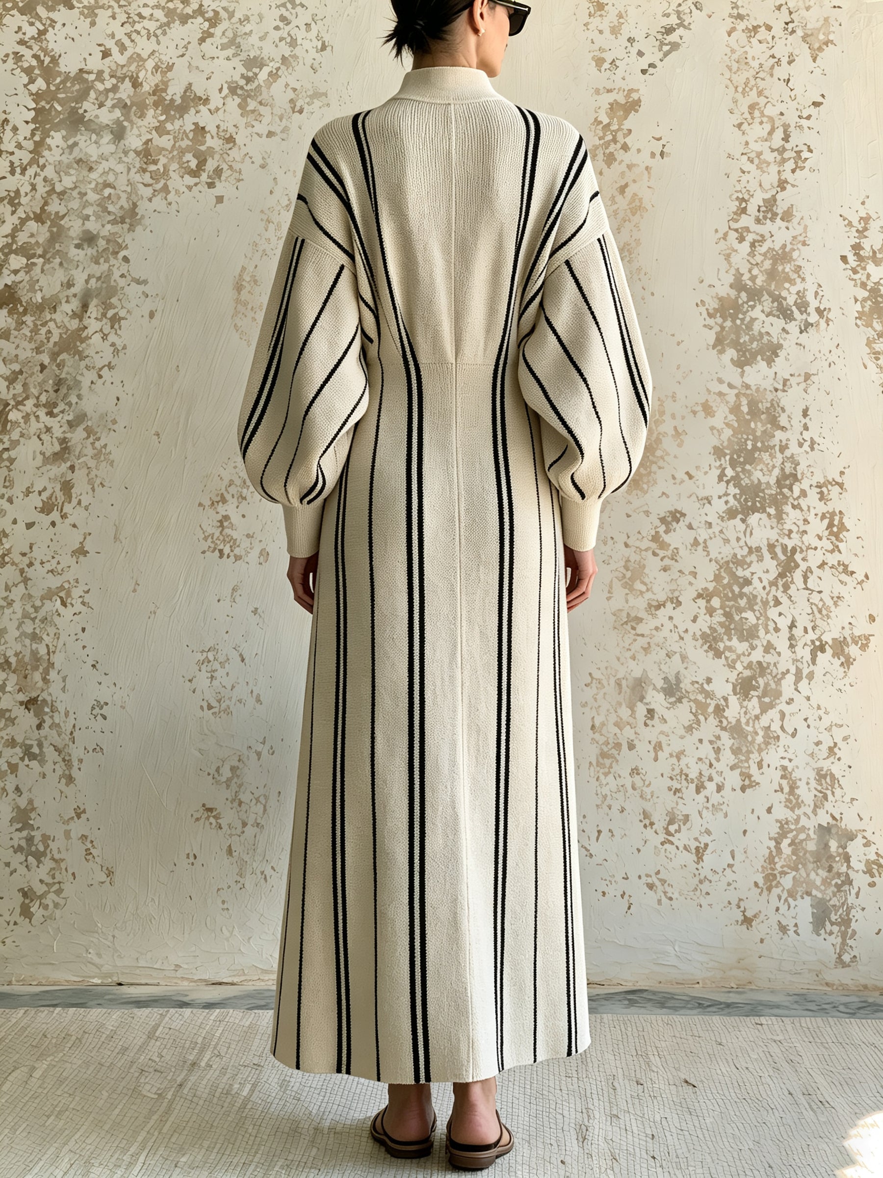 Striped Knit Maxi Dress With Stand Collar