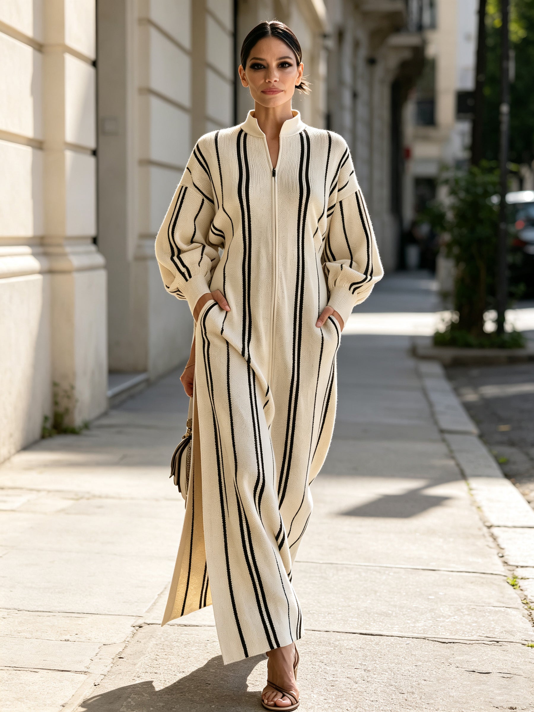 Striped Knit Maxi Dress With Stand Collar