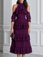 Elegant Cold Shoulder Ruffle Tiered Chiffon Midi Dress