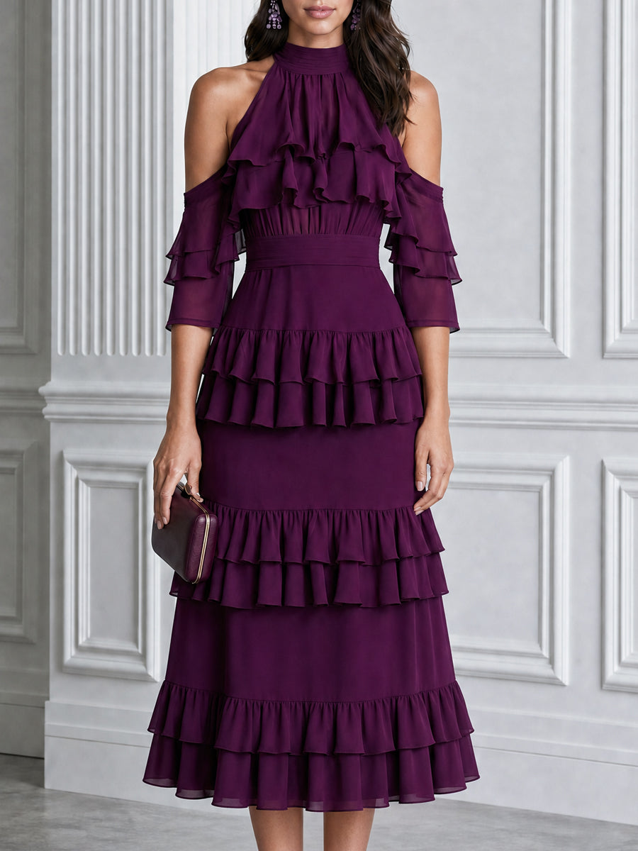 Elegant Cold Shoulder Ruffle Tiered Chiffon Midi Dress