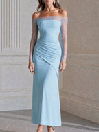Off-Shoulder Sheer Mesh Sleeve Ruched Maxi Dress