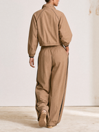 Half Zip Stand Collar Cropped Windbreaker Top & Side Stripe Wide Leg Pants Casual Two Piece Tracksuit Set