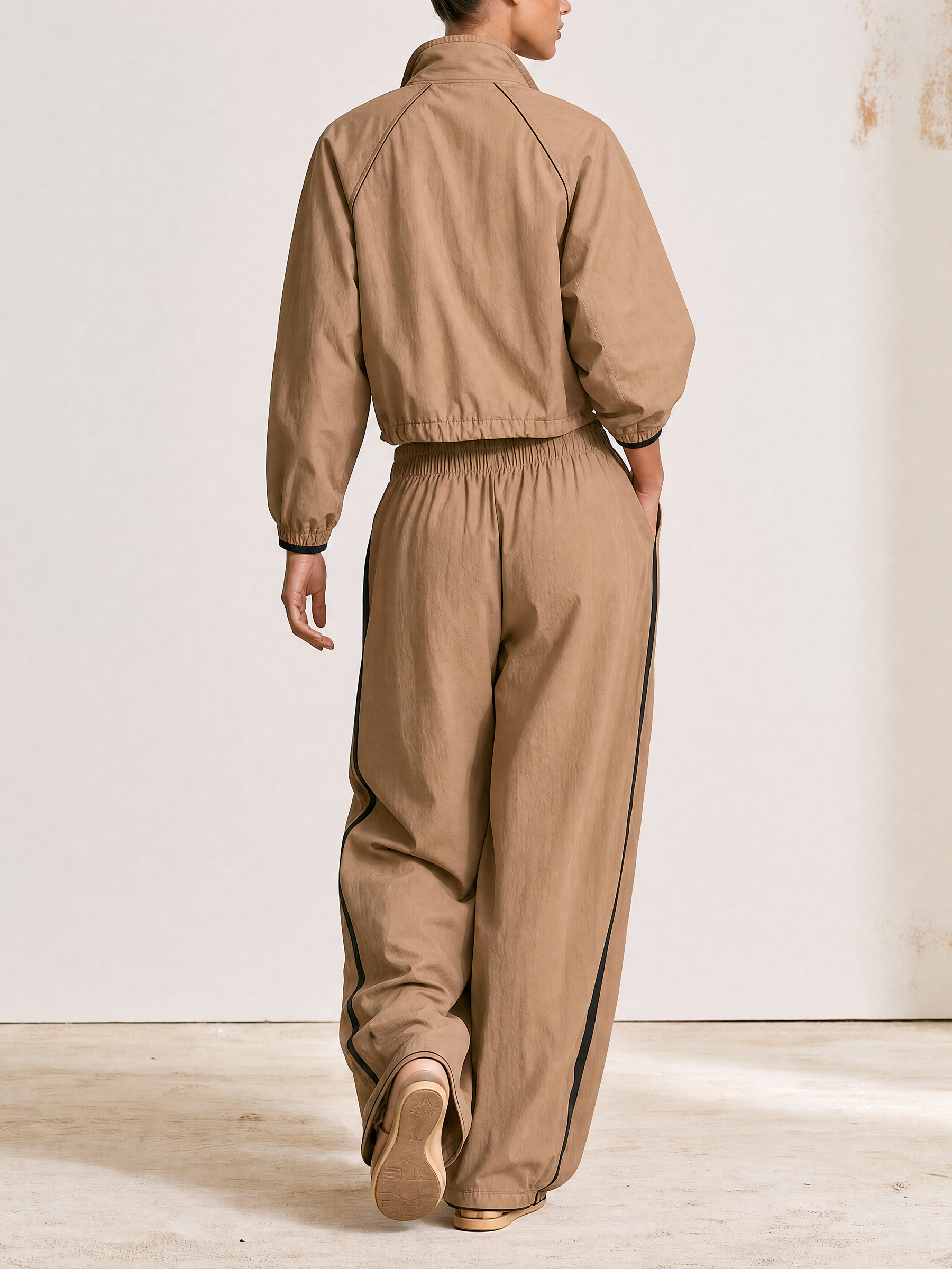 Half Zip Stand Collar Cropped Windbreaker Top & Side Stripe Wide Leg Pants Casual Two Piece Tracksuit Set