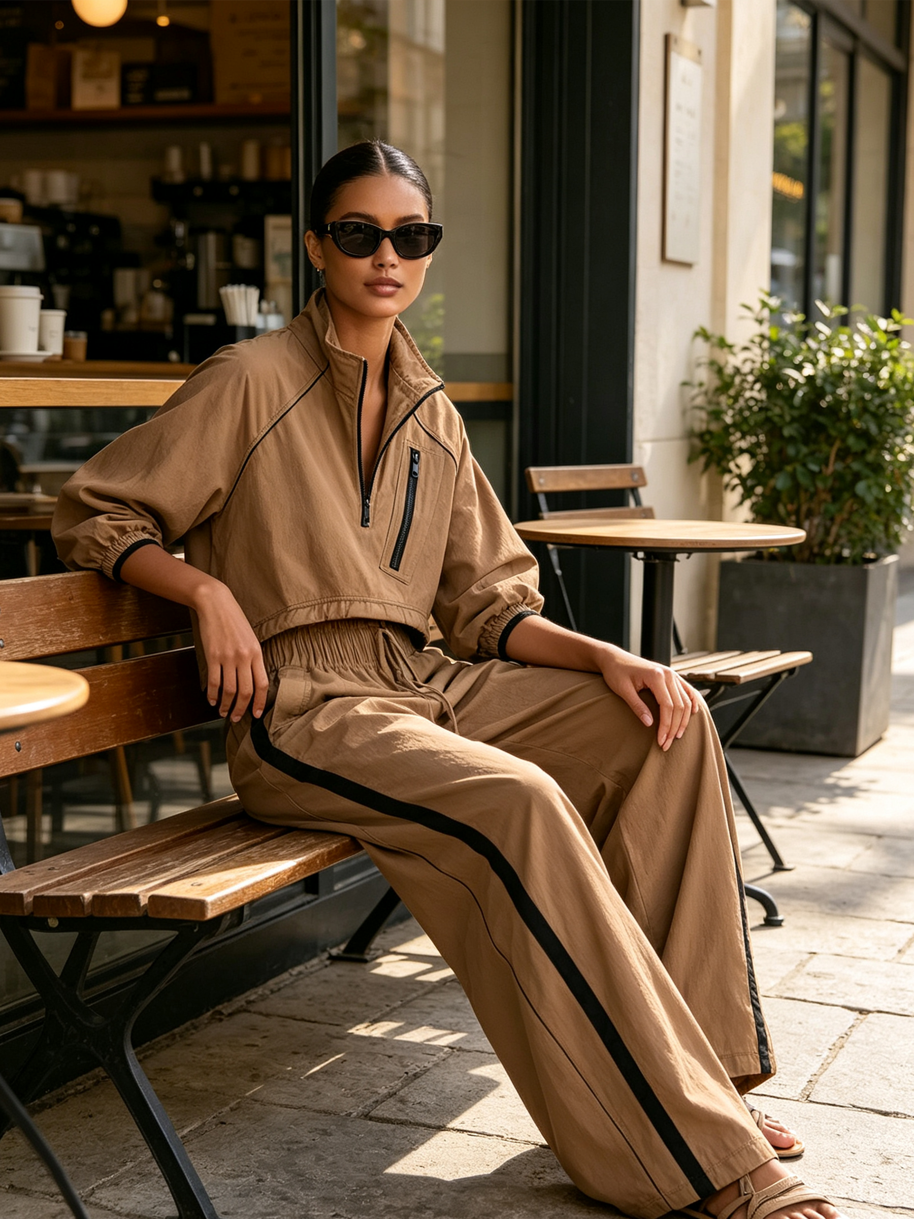 Half Zip Stand Collar Cropped Windbreaker Top & Side Stripe Wide Leg Pants Casual Two Piece Tracksuit Set