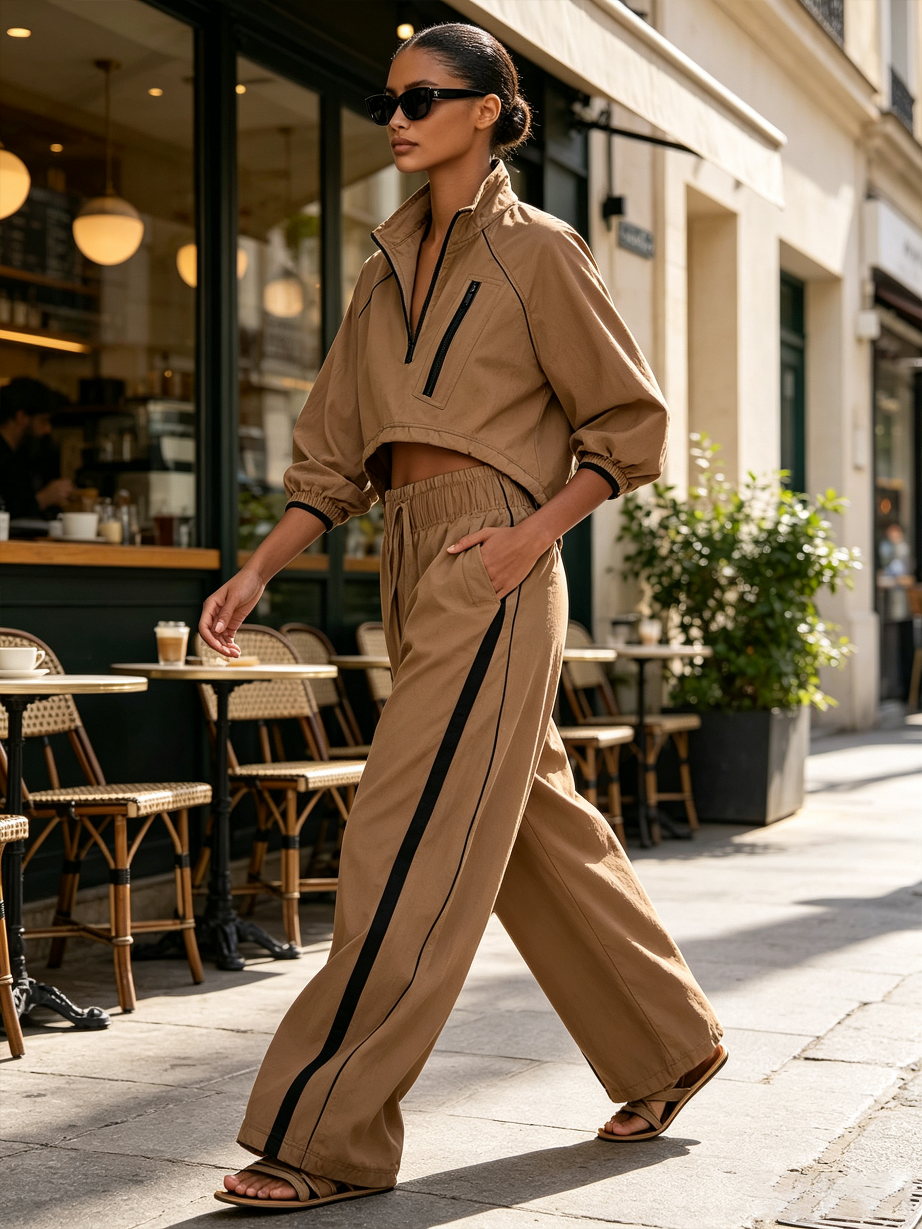 Half Zip Stand Collar Cropped Windbreaker Top & Side Stripe Wide Leg Pants Casual Two Piece Tracksuit Set