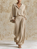 Women's Minimalist Knit Lounge Set – Relaxed Collared Sweater Top & Wide Leg Trousers