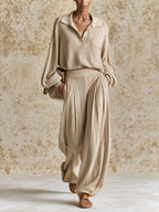 Women's Minimalist Knit Lounge Set – Relaxed Collared Sweater Top & Wide Leg Trousers