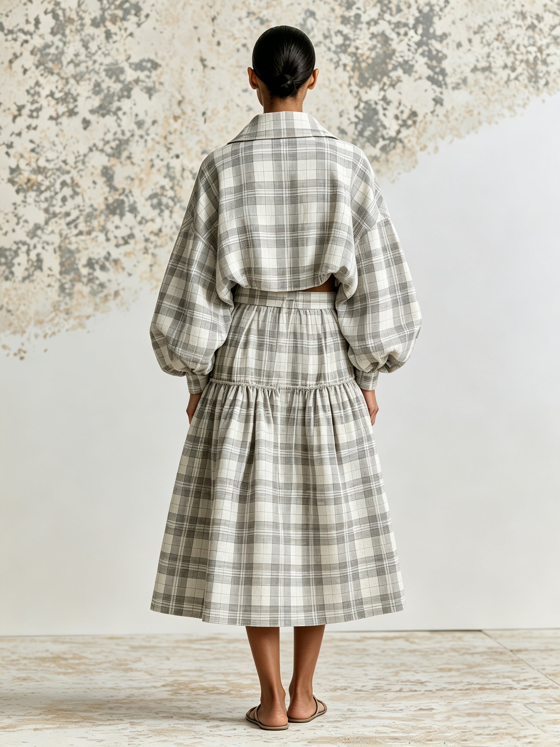 Plaid Cropped Jacket & Tiered Skirt Set