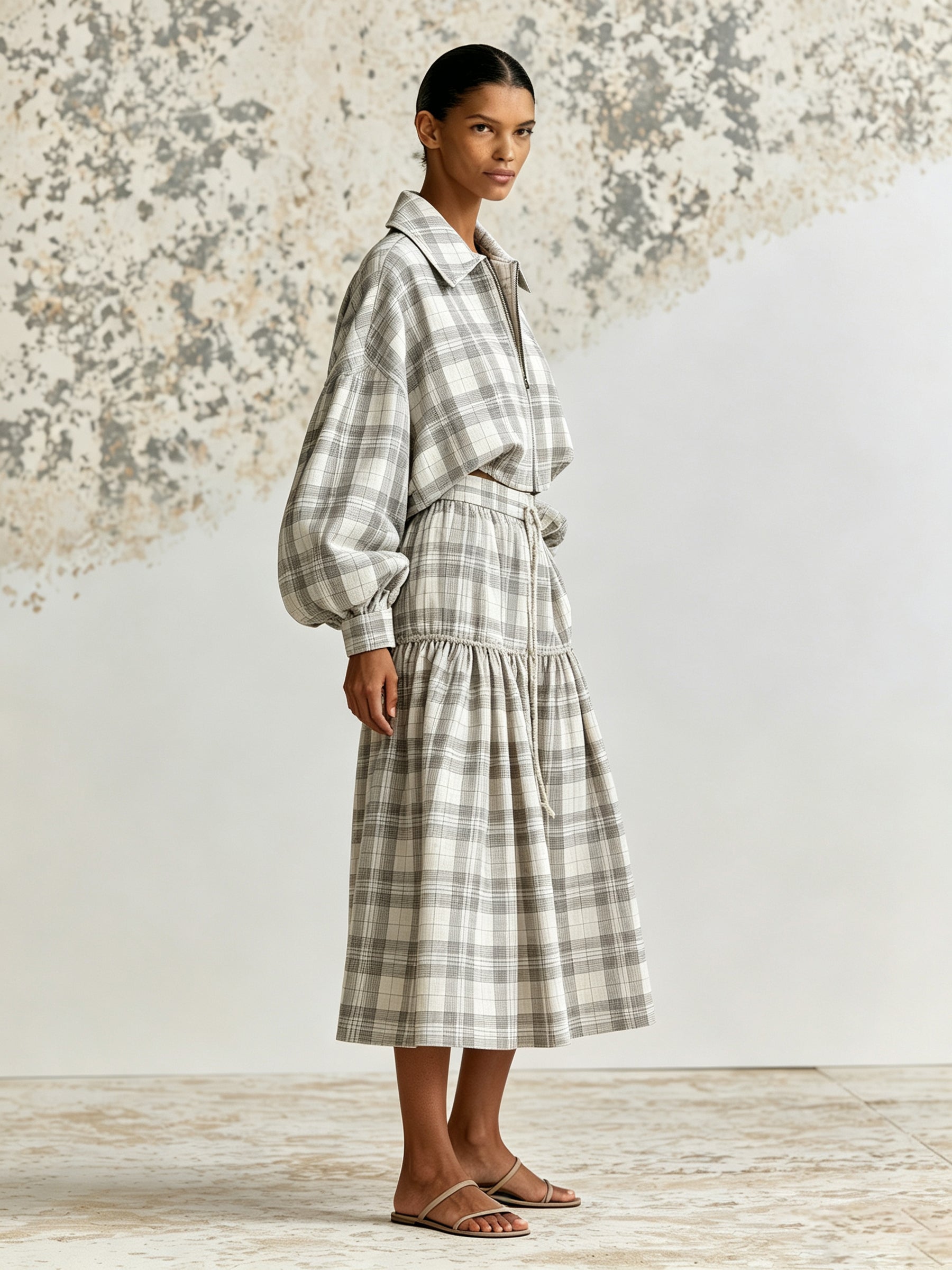 Plaid Cropped Jacket & Tiered Skirt Set