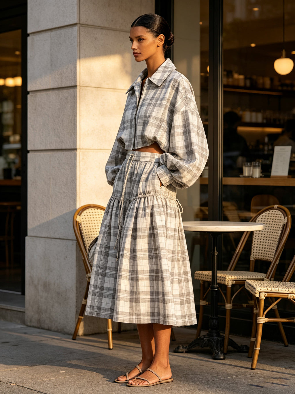 Plaid Cropped Jacket & Tiered Skirt Set