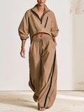 Half Zip Stand Collar Cropped Windbreaker Top & Side Stripe Wide Leg Pants Casual Two Piece Tracksuit Set