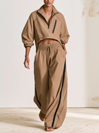 Half Zip Stand Collar Cropped Windbreaker Top & Side Stripe Wide Leg Pants Casual Two Piece Tracksuit Set