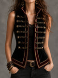 Retro Black Velvet Stand Collar Gold Braided Trim Double Breasted Waistcoat