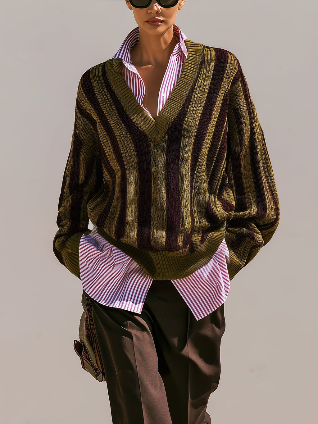 Striped V-Neck Knit Sweater