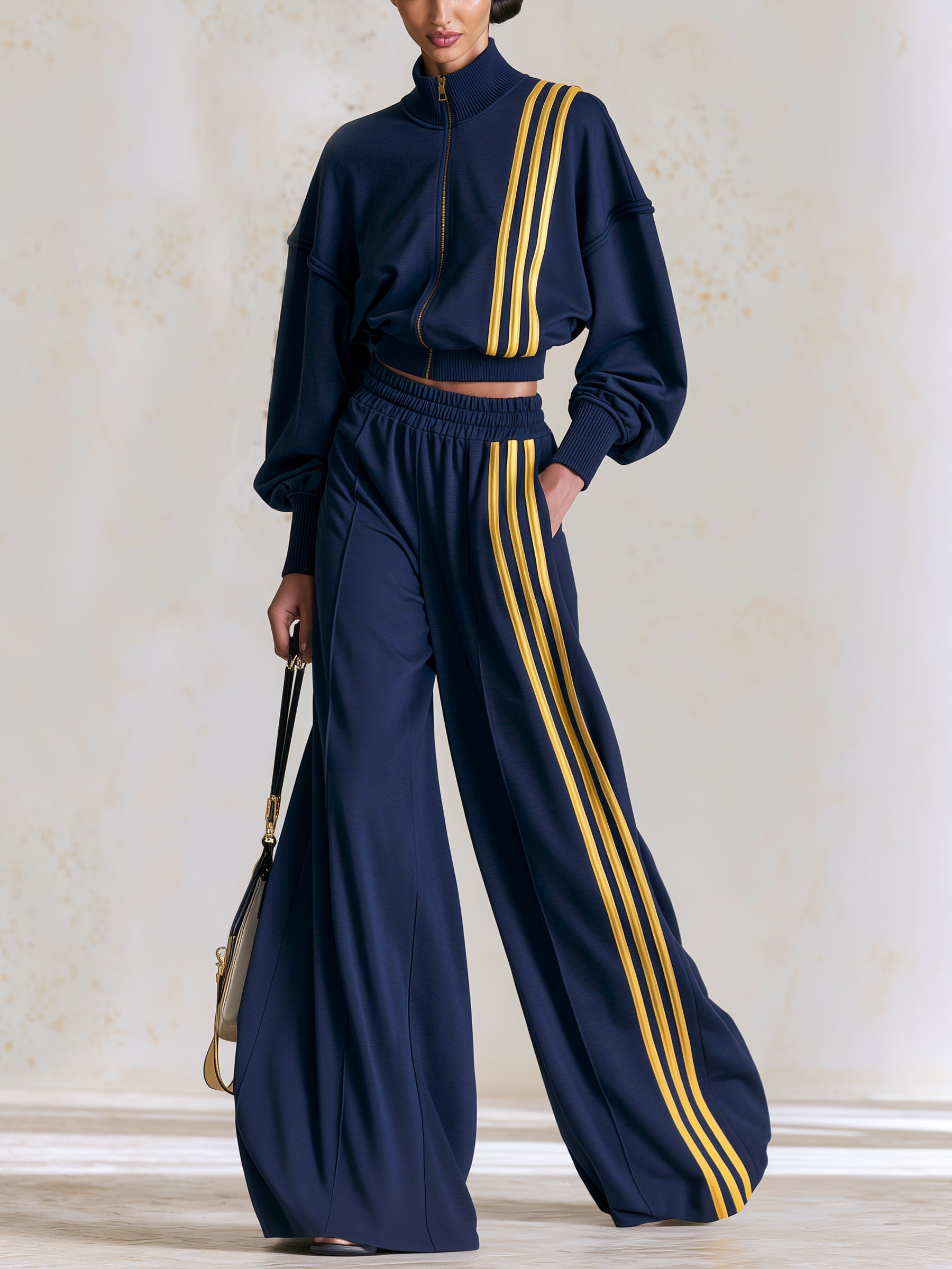 Women's Navy Blue And Yellow Striped Tracksuit – Cropped Zip-Up Jacket And Wide-Leg Pants