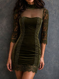 Retro Olive Velvet Mesh High Neck Lace Panel Mini Dress