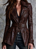 Retro Brown Croc Embossed Faux Leather Lapel Belted Moto Jacket