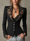 Elegant Vintage Fitted Floral Embroidered Blazer With Lace Trim