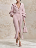 Women's Elegant Knit Hoodie Dress – Long Sleeve Zip Up Maxi Sweater Dress