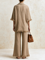 Khaki Linen Fringe Trim Polo Top & Wide Leg Pants Two-Piece Set