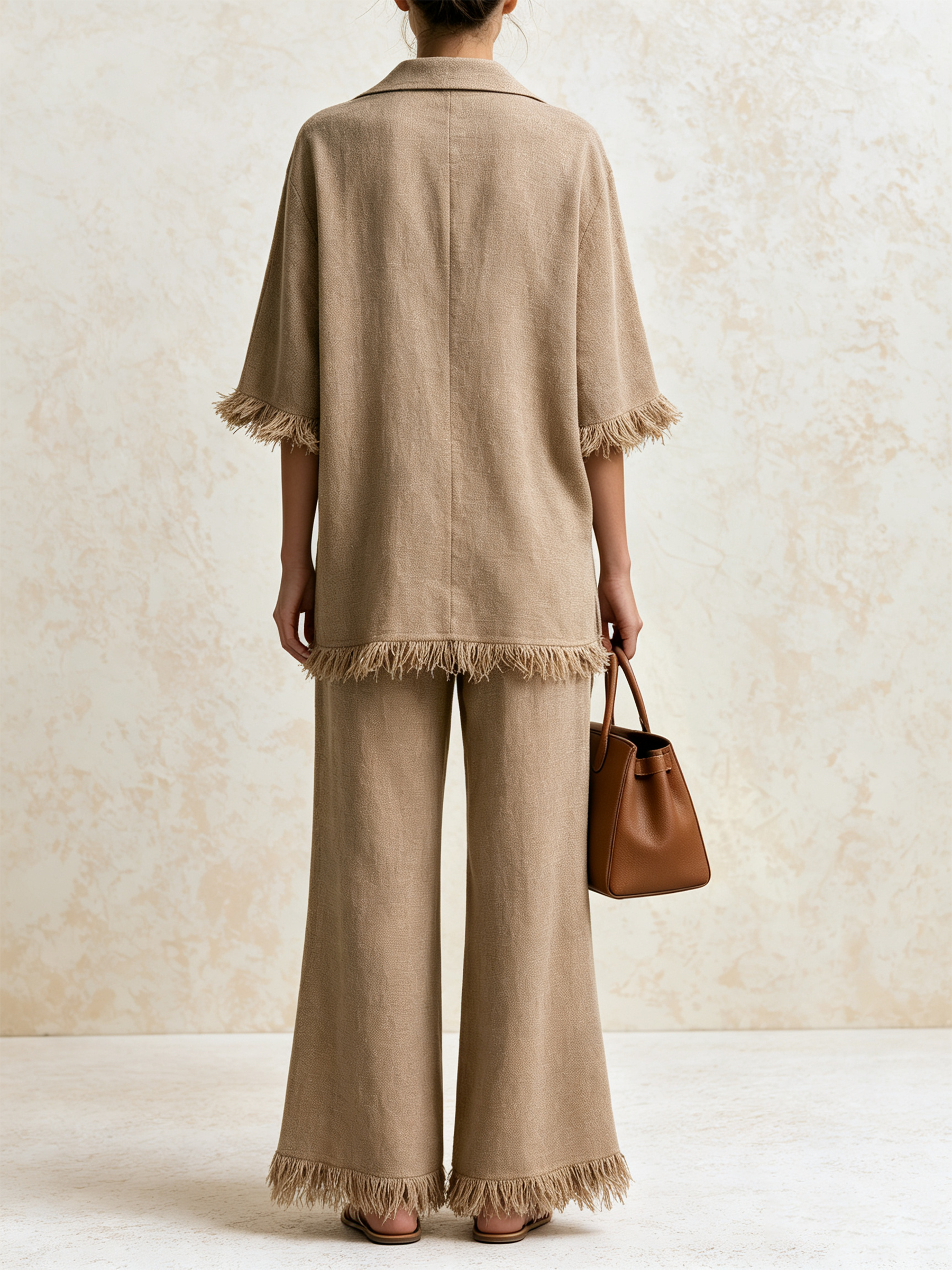 Khaki Linen Fringe Trim Polo Top & Wide Leg Pants Two-Piece Set