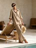 Khaki Linen Fringe Trim Polo Top & Wide Leg Pants Two-Piece Set