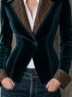 Vintage Print Fitted Velvet Blazer With Lace Trim