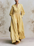 Women’s Yellow V-Neck Wide Leg Jumpsuit – Elegant Long Sleeve Ruffle Hem Waist Tie Casual Chic One Piece Outfit