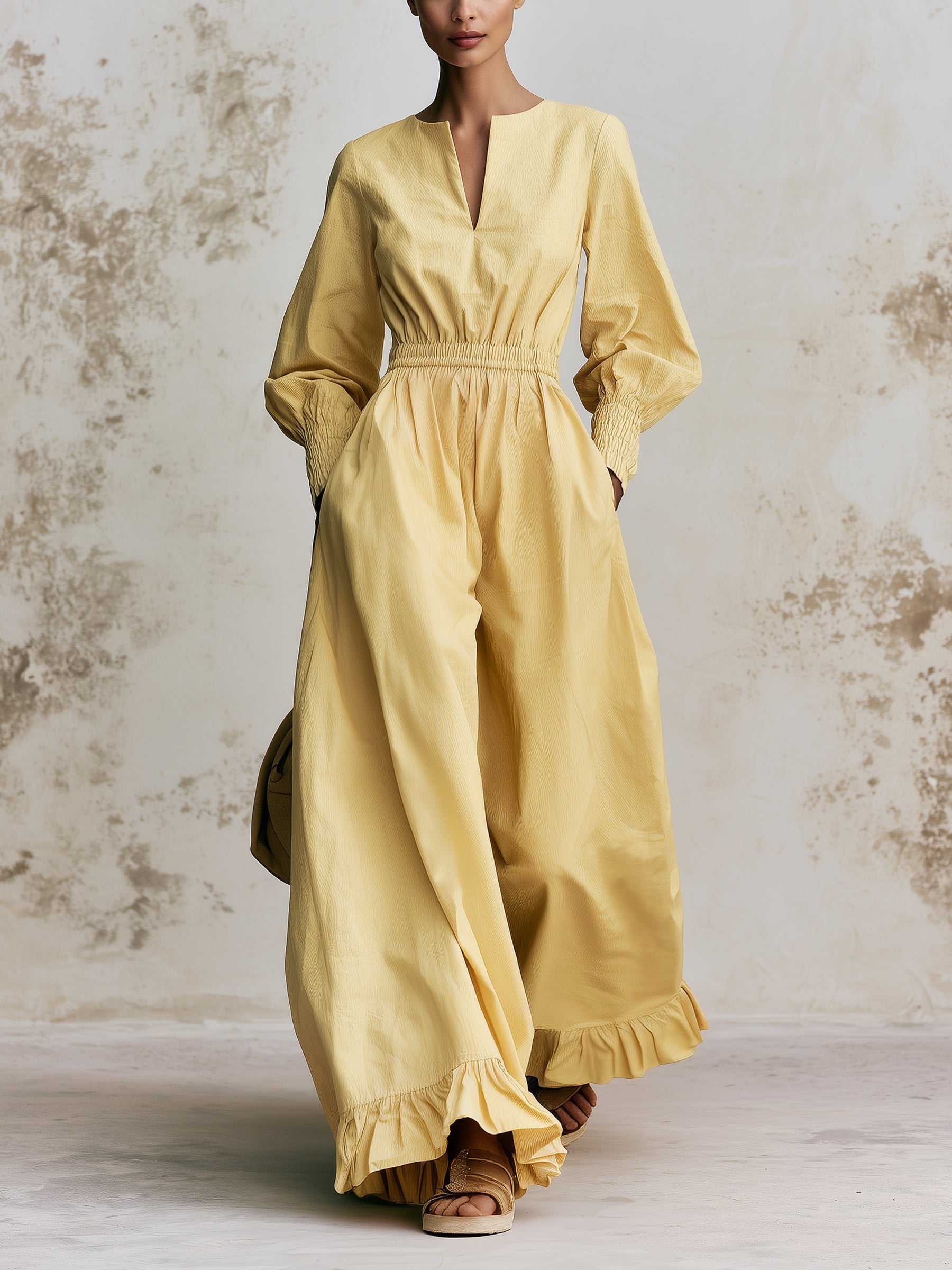 Women’s Yellow V-Neck Wide Leg Jumpsuit – Elegant Long Sleeve Ruffle Hem Waist Tie Casual Chic One Piece Outfit