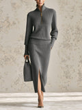 Women’s Gray Knit Two Piece Set – Half Zip Mock Neck Sweater & Side Slit Midi Skirt Elegant Minimalist Lounge Outfit