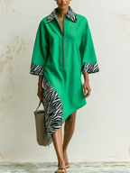 Zebra Print Contrast Linen Blend Asymmetric Hem Half Zip Shirt Midi Dress