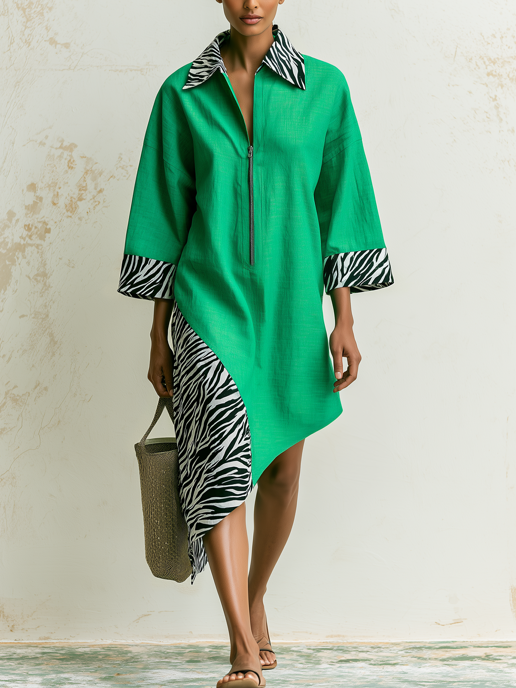Zebra Print Contrast Linen Blend Asymmetric Hem Half Zip Shirt Midi Dress